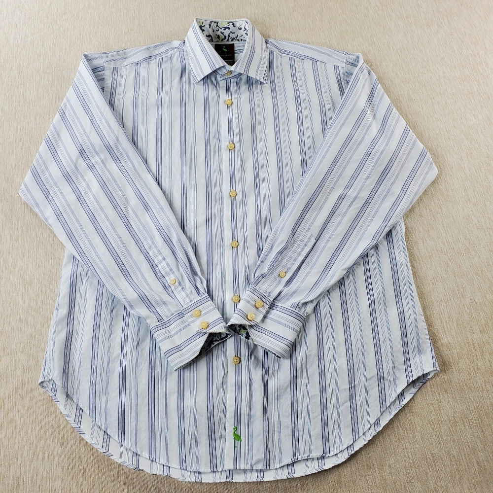 TAILORBYRD Men's Large Long Sleeve Button Down Dress Shirt Blue & White Stripe